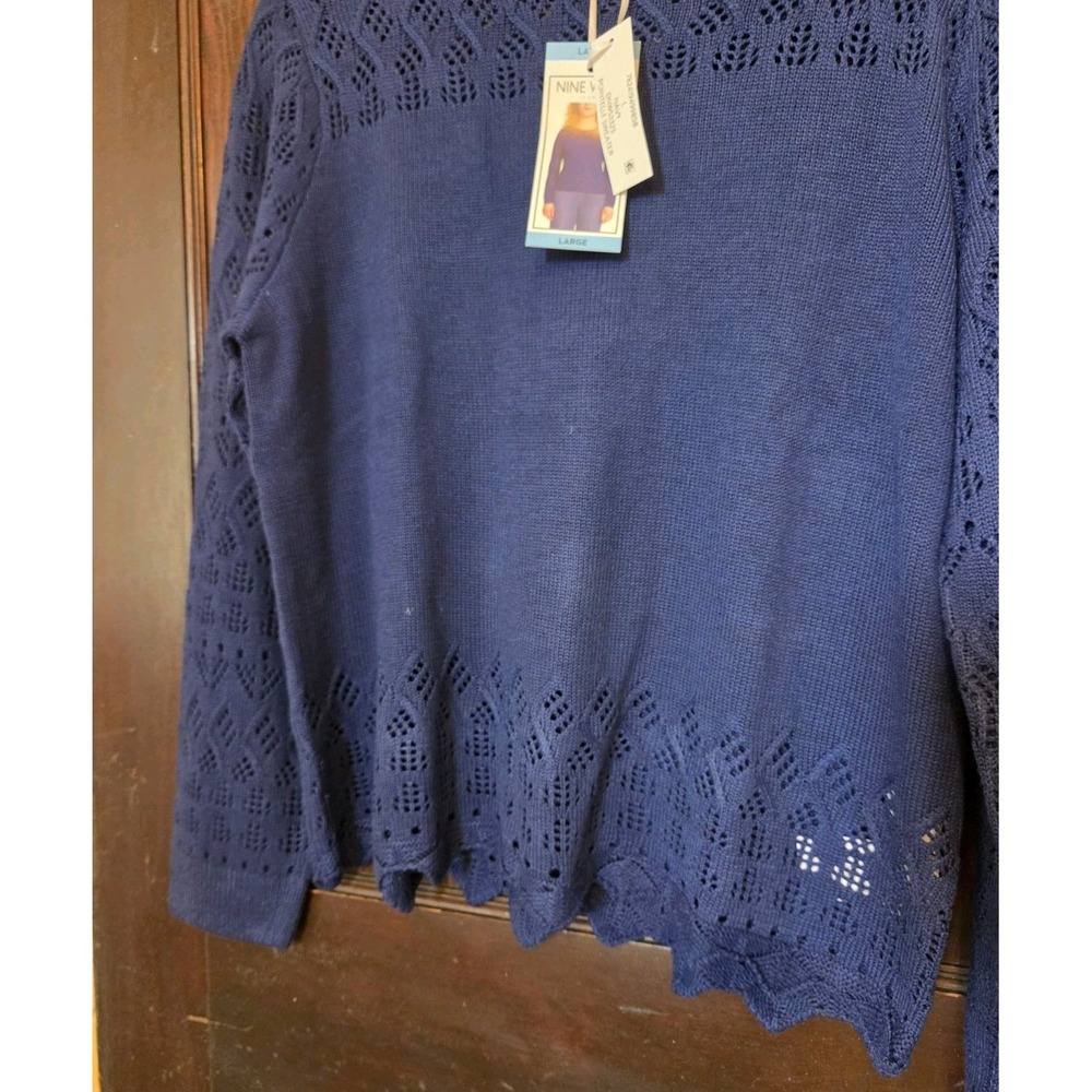 Nine West Sweater Womens Large Blue Knit Scalloped Pattern Navy Crochet New - Picture 5 of 12